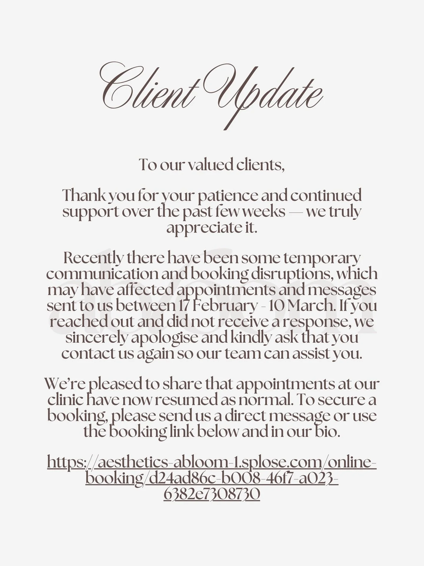 Important update 🩶 reach out via DMs | 0468 303 168 | aestheticsabloom@gmail.com