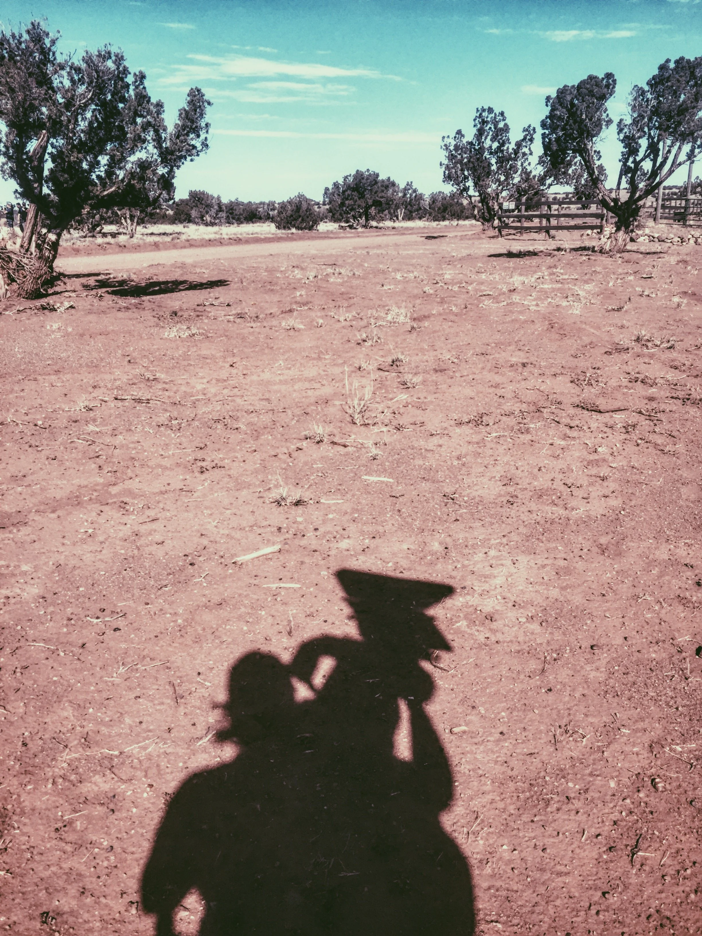 Shadow of a person holding a map in a dry, barren landscape with sparse bushes and trees, blue sky, and a wooden fence in the background.