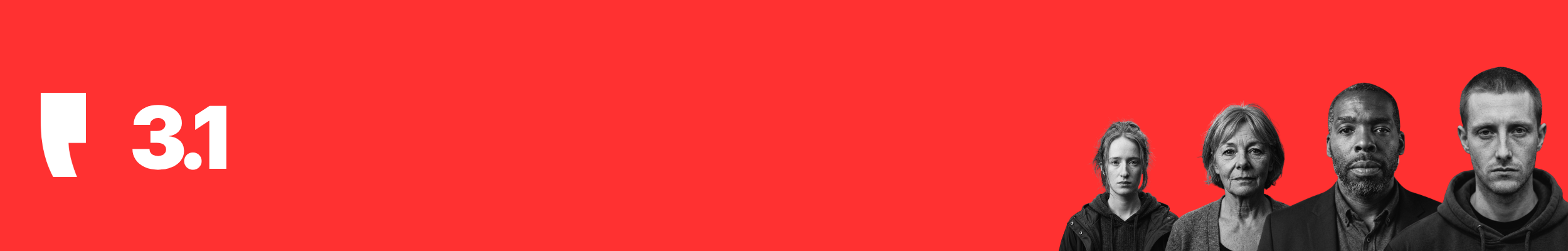 Four diverse people standing side by side against a red background, with a white graphic and the text '3.1'.