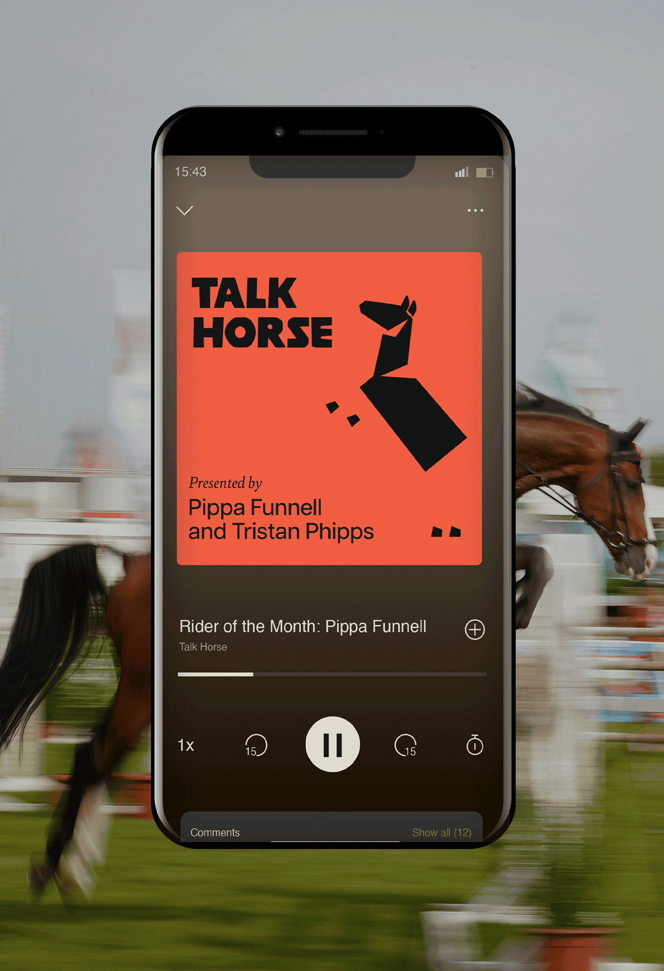 Phone screen displaying the Talk Horse Podcast player with a jumping horse in the background