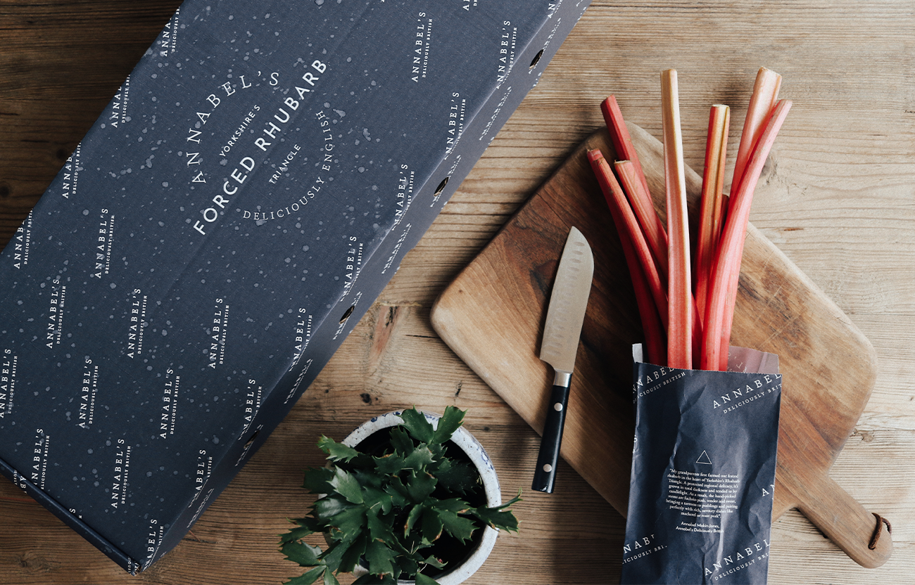 Forced rhubarb packaged in Annabel's Deliciously British brand, designed by Bolter Design