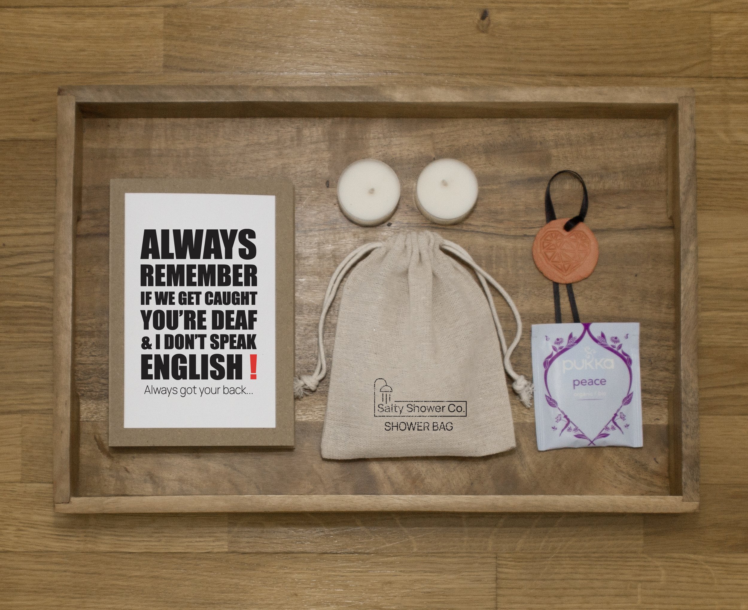 Salty Notes - Pack contains: A funny little note, A Salty Shower bag, A calming tea bad and two scented tea lights - Everything you need for a heavenly evening of self-care calm.