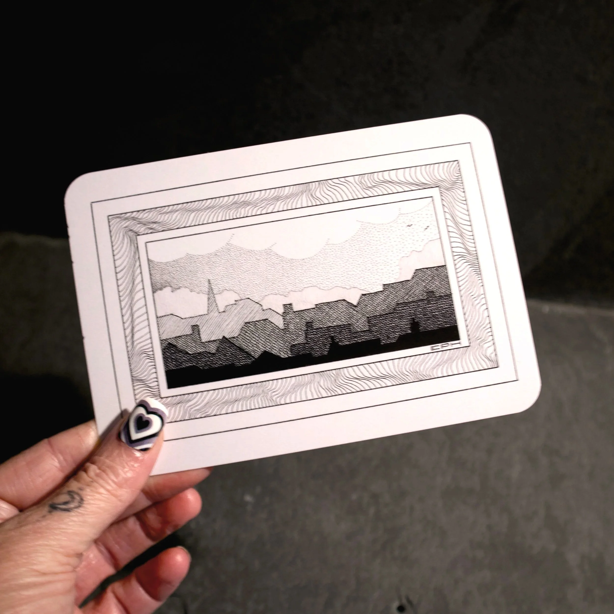 My dad's doodle 7. An intricate black and white illustration of an imagined city skyline sat in an abstract frame - Salty Note