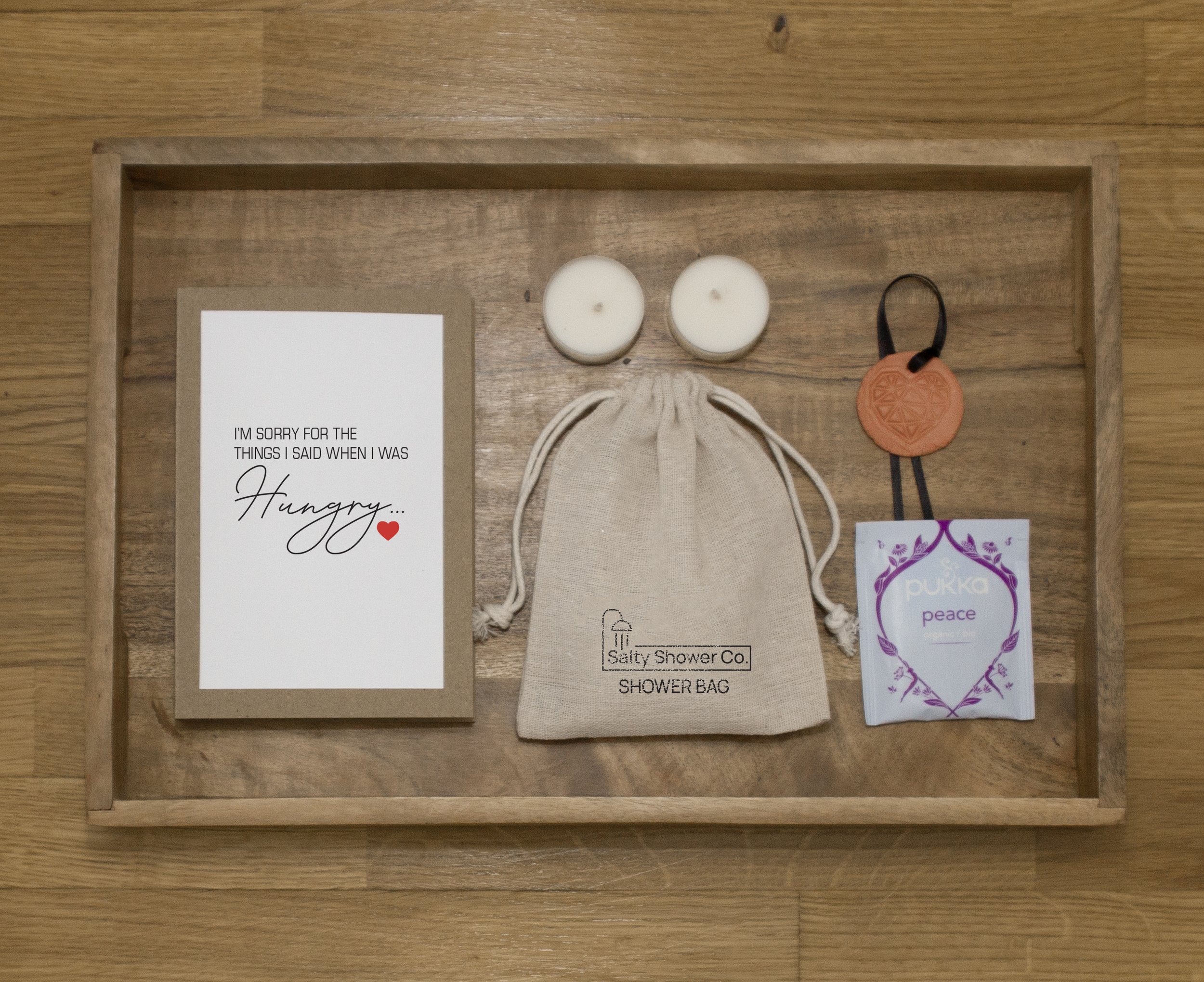 Salty Notes - Pack contains: A funny little card, A Salty Shower bag, A calming tea bad and two scented tea lights - Everything you need for a heavenly evening of self-care calm.