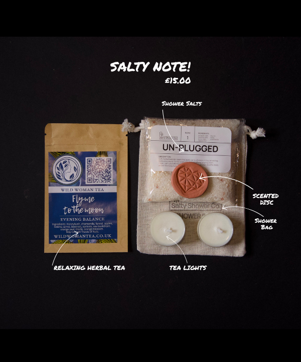 Salty Notes - wellness gift set featuring calming shower salts, a geometric scented disc, linen shower bags, tea lights, and Wild Woman relaxing herbal tea.