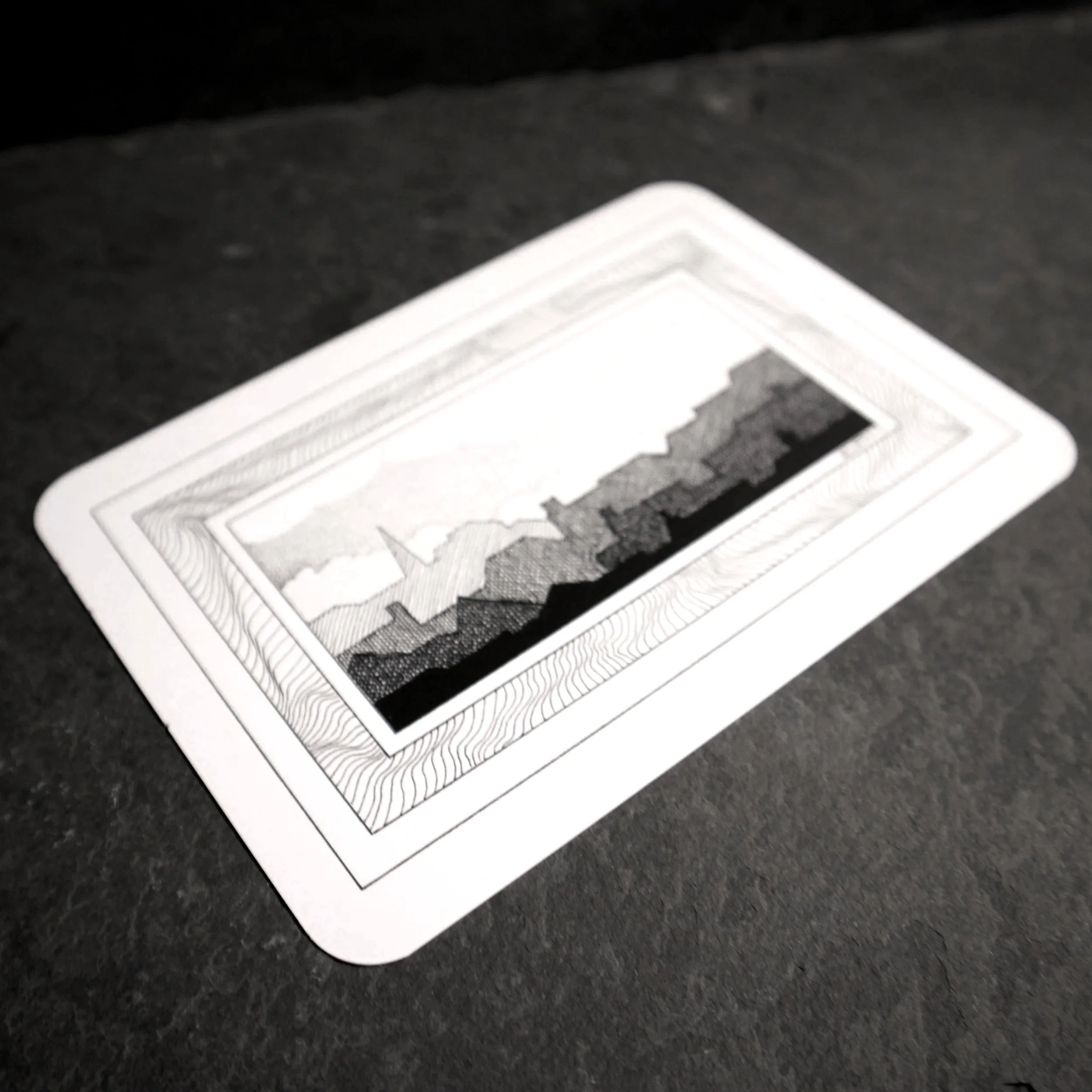 My dad's doodle 7. An intricate black and white illustration of an imagined city skyline sat in an abstract frame - Salty Note