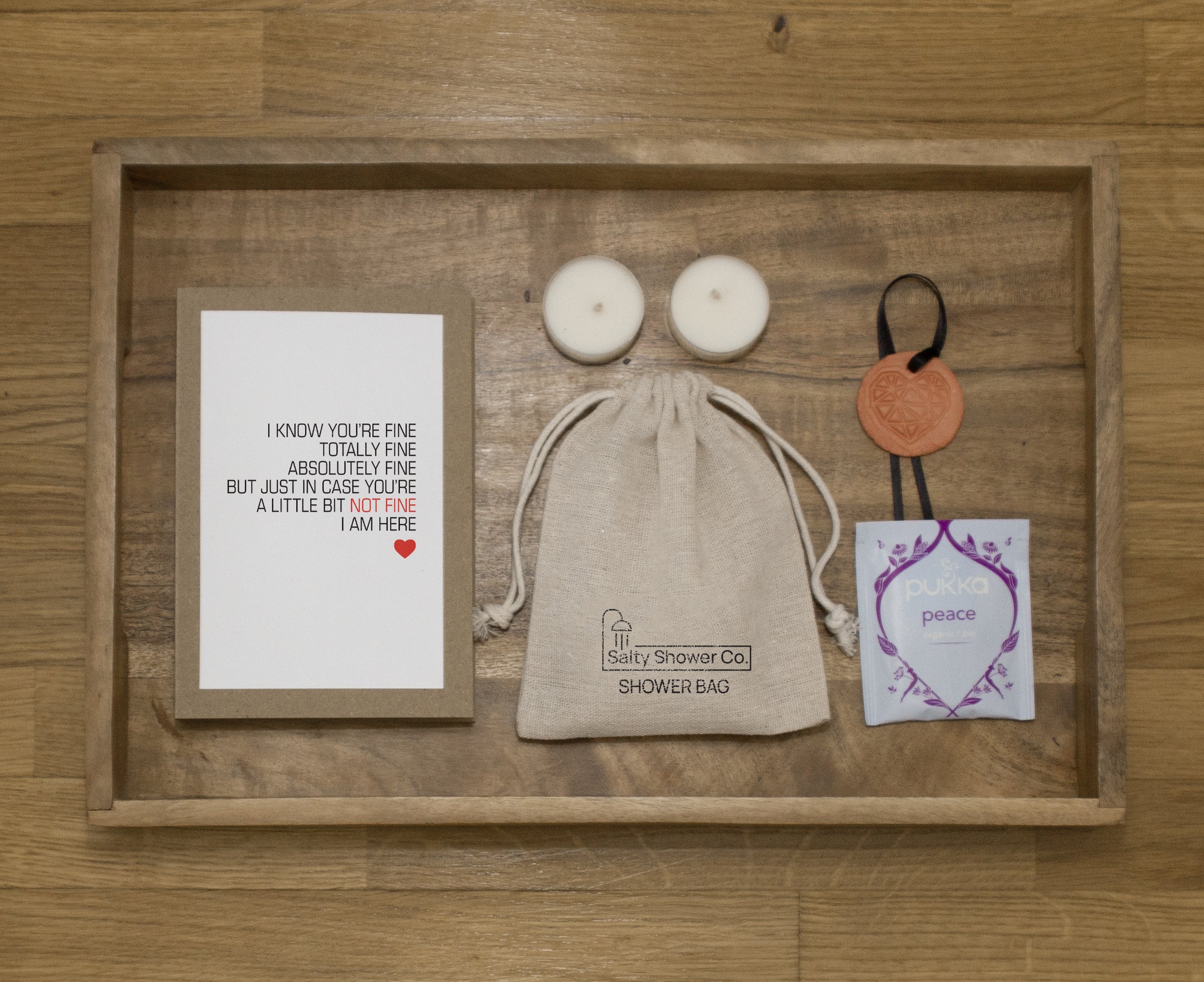 Salty Notes - Pack contains: A funny little card, A Salty Shower bag, A calming tea bad and two scented tea lights - Everything you need for a heavenly evening of self-care calm.