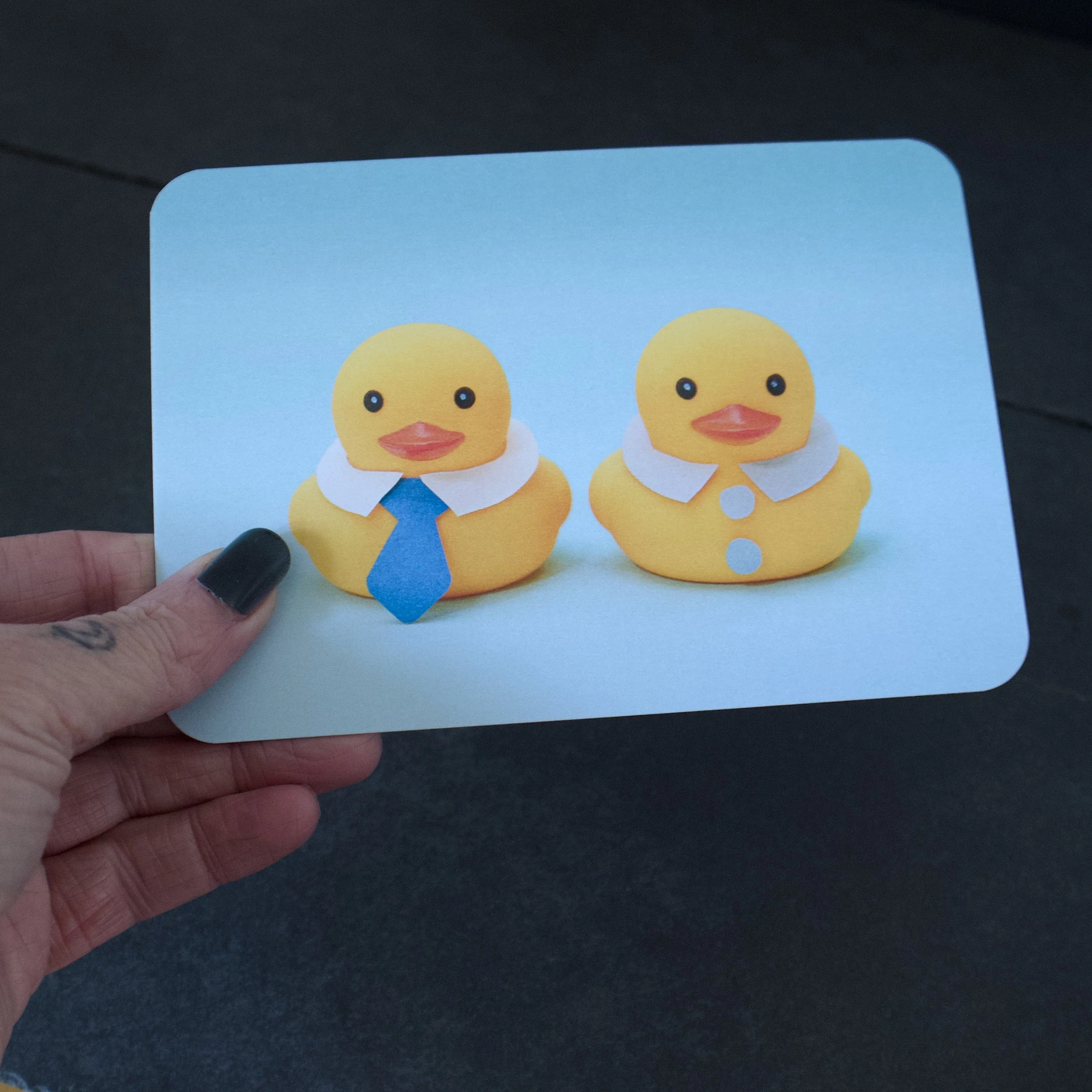 Lovey Ducky’s, an Interesting photograph of 2 runner ducks dressed as a boy with a tie and a girl with a white blouse collar - Salty Note