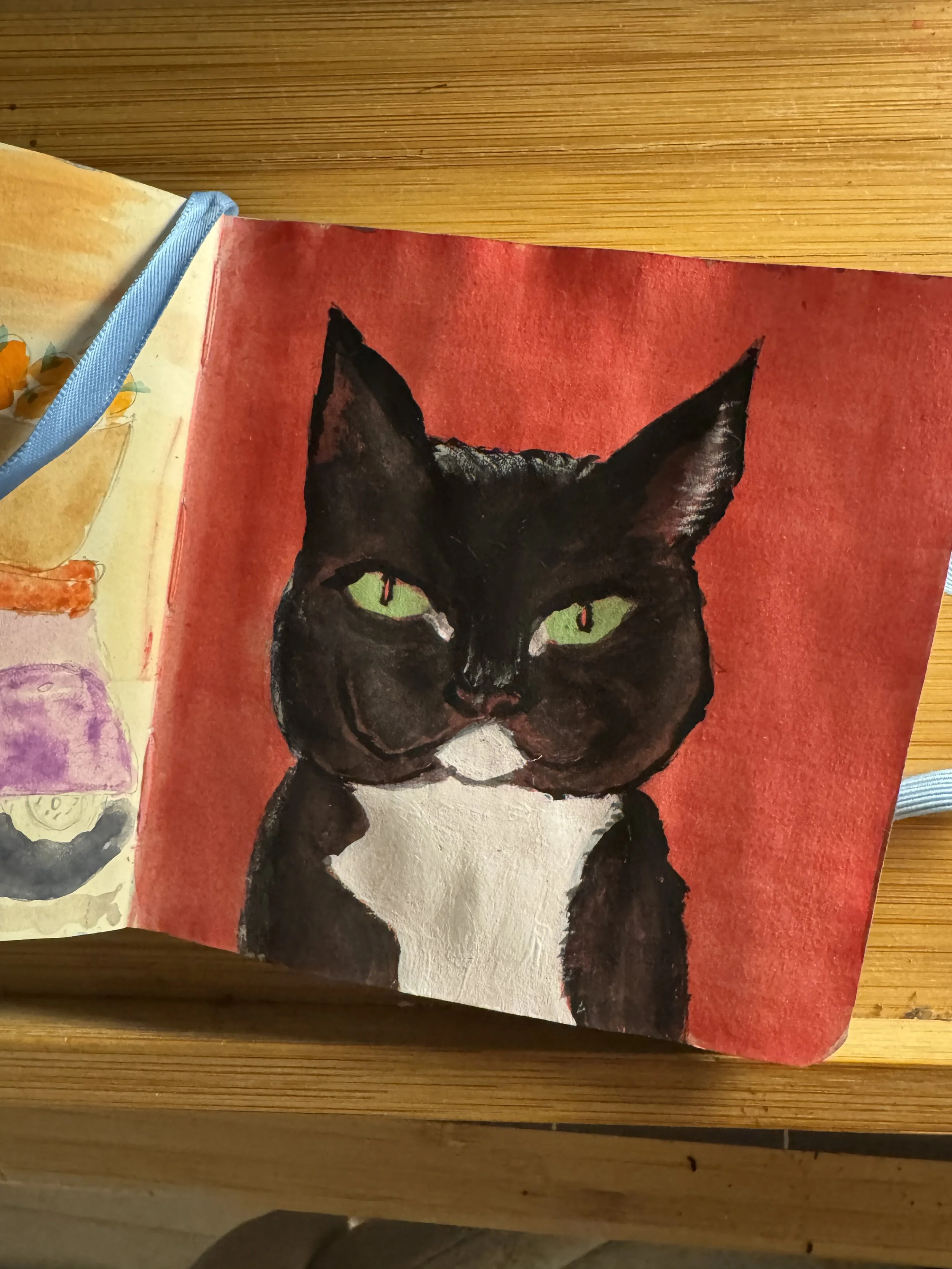 Hand-painted portrait of a black and white cat with green eyes against a red background.
