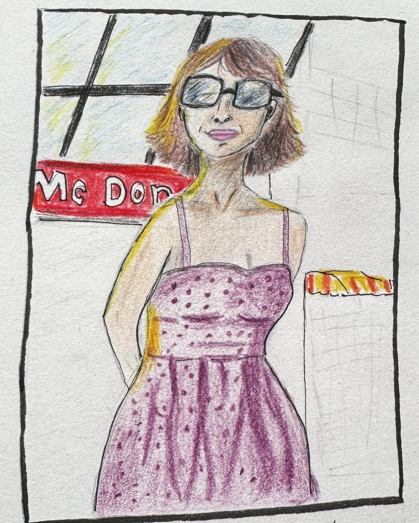 A colored drawing of a woman with shoulder-length brown hair and sunglasses, wearing a pink dress with purple spots, standing in front of a McDonald's sign and building with an orange awning.