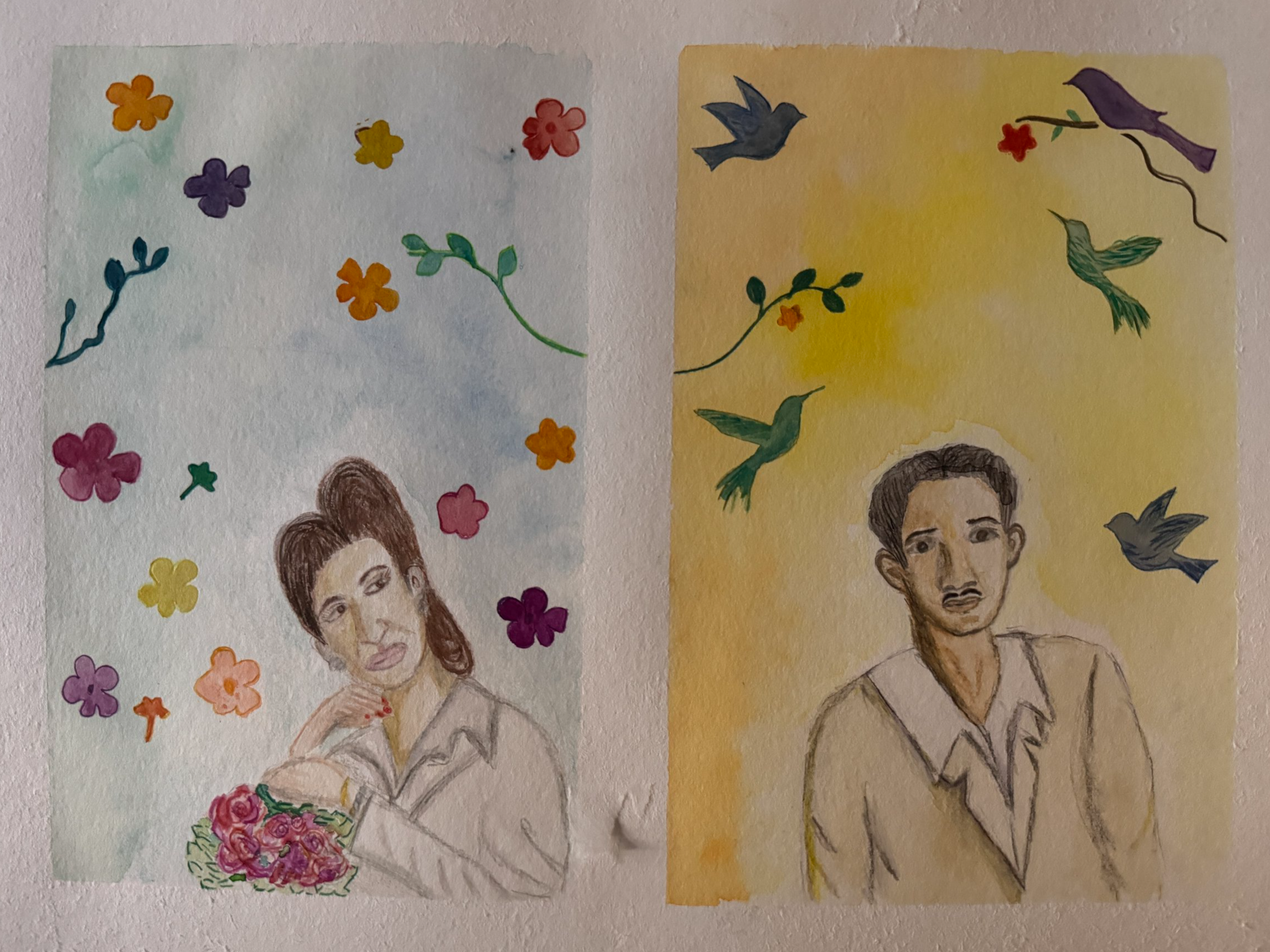 Two watercolor portraits of individuals with floral and bird motifs in the background. The left has a woman with dark hair, surrounded by colorful flowers on a light blue background. The right features a man with short dark hair, and hummingbirds, on a yellow background.