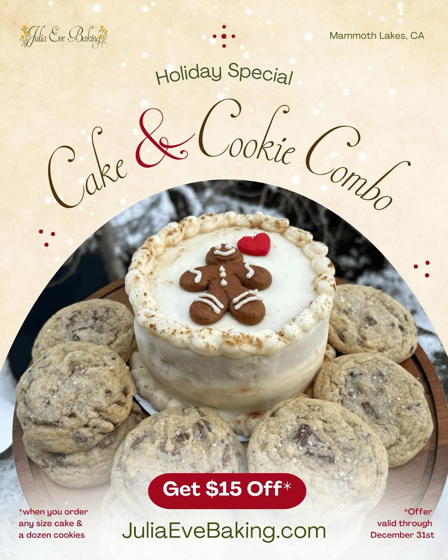 🎄 If you&rsquo;re hosting a holiday party this month, or signed up to bring dessert, make it easy with a cake &amp; cookie combo!

🍪 Get $15 off when you order any cake + a dozen cookies now through Dec 31. Go with the gingerbread cake of the month