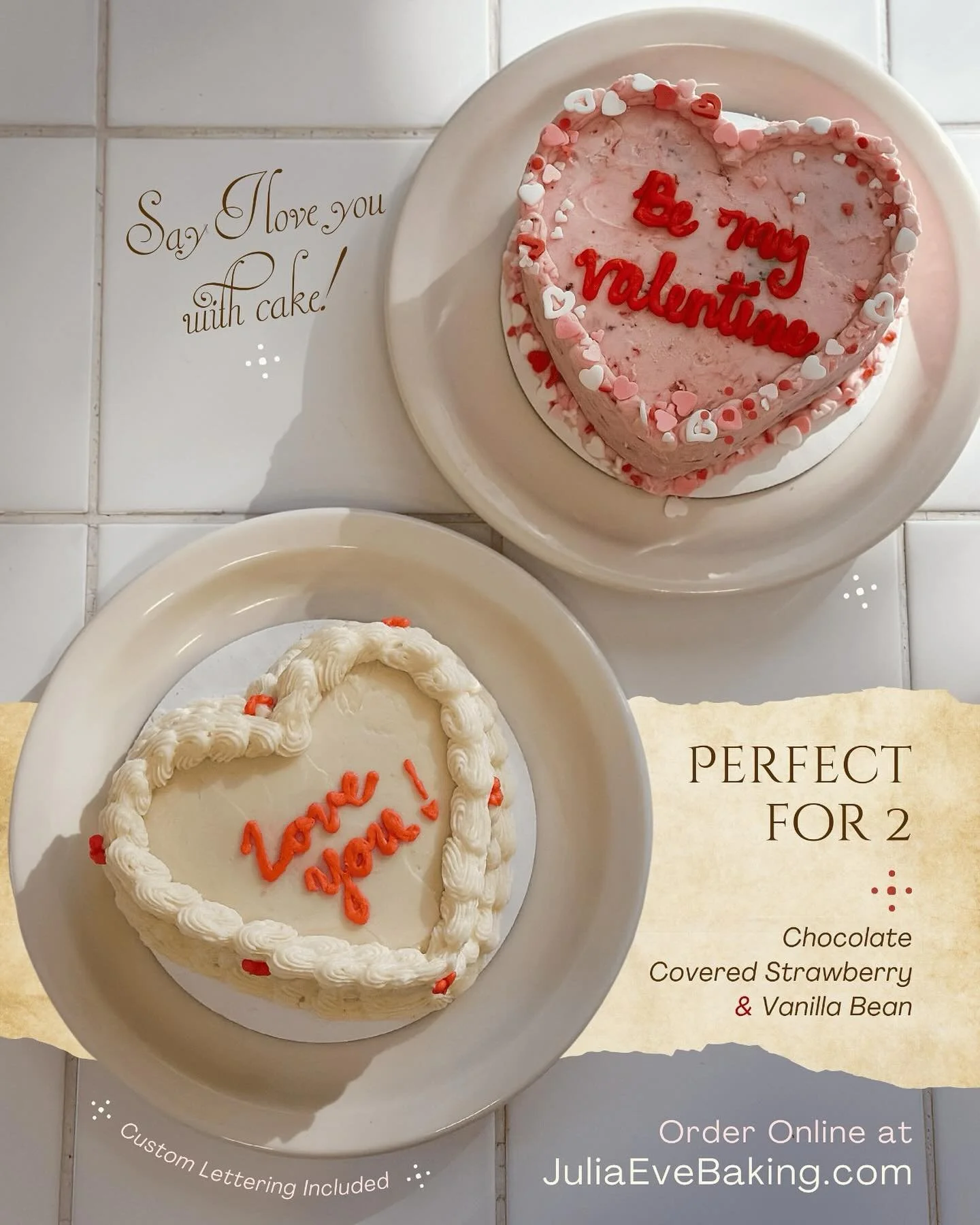 Say I love you with cake!🎂

These small, 4&rdquo; cakes are the perfect sweet treat to share after a romantic day or dinner with your loved one💌

Choose between decadent Chocolate Covered Strawberry or classic Vanilla Bean and pick your custom lett