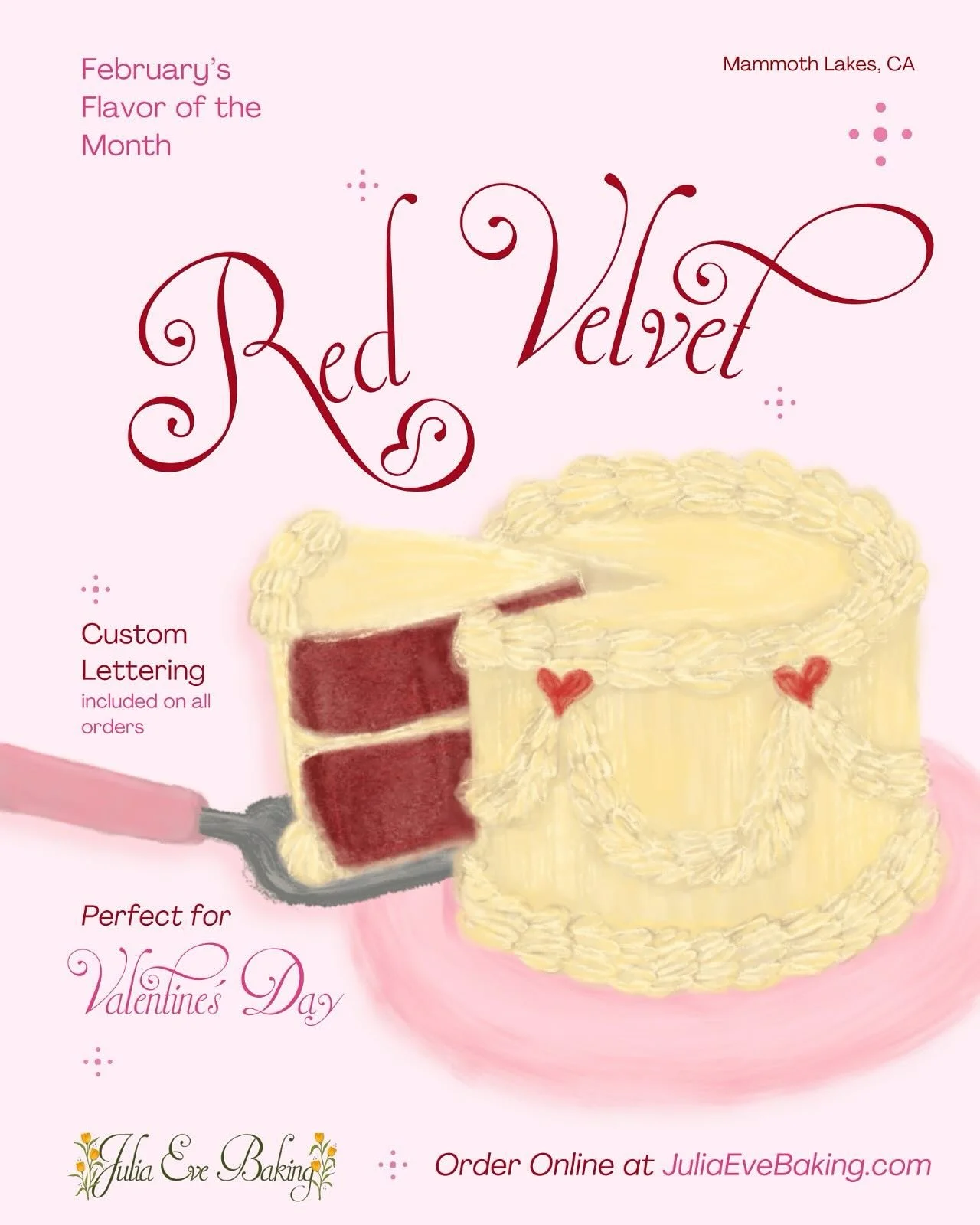 February&rsquo;s flavor of the month is here💌

A rich red velvet cake with a sweet and smooth cream cheese frosting! Looking to grab one for Valentine&rsquo;s Day? Heart cakes are available as well!🎂

Order yours today at JuliaEveBaking.com🌷✨