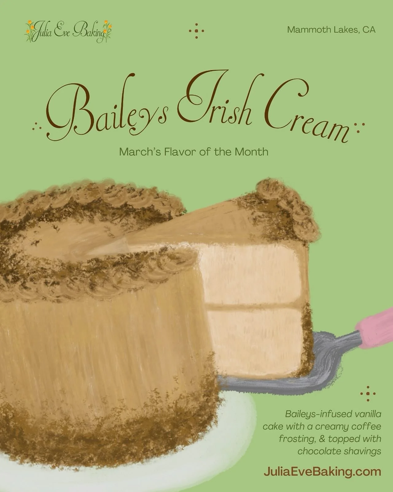 This Baileys Irish Cream cake is the perfect balance of rich vanilla, silky coffee frosting, &amp; dark chocolate shavings. It&rsquo;s a sweet little indulgence for birthdays, dinner parties, and spring celebrations that your guests are sure to love!