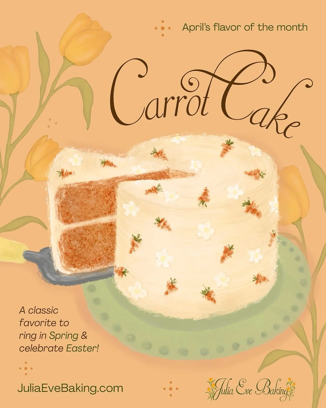 No jokes here!

April&rsquo;s flavor of the month is&hellip; Carrot Cake!🥕🍰

Start off spring on a bright note with our perfectly spiced nut-free carrot cake paired with a light cream cheese frosting!

Order yours today at JuliaEveBaking.com🌷