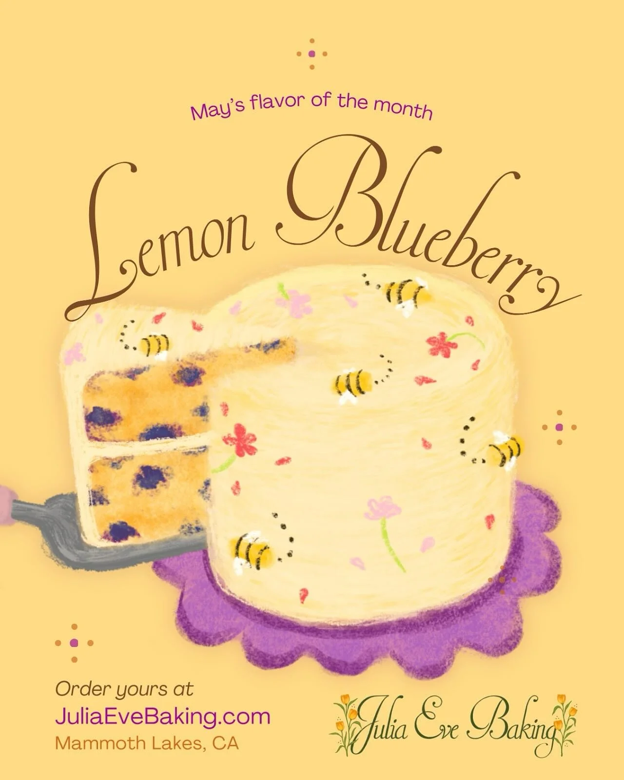 Spring is here&hellip;. and so is Lemon Blueberry cake!💐🐝

May&rsquo;s flavor of the month is a light lemon blueberry cake with a creamy cream cheese frosting🫐🍋

The perfect addition to any spring gathering, order yours now at JuliaEveBaking.com?