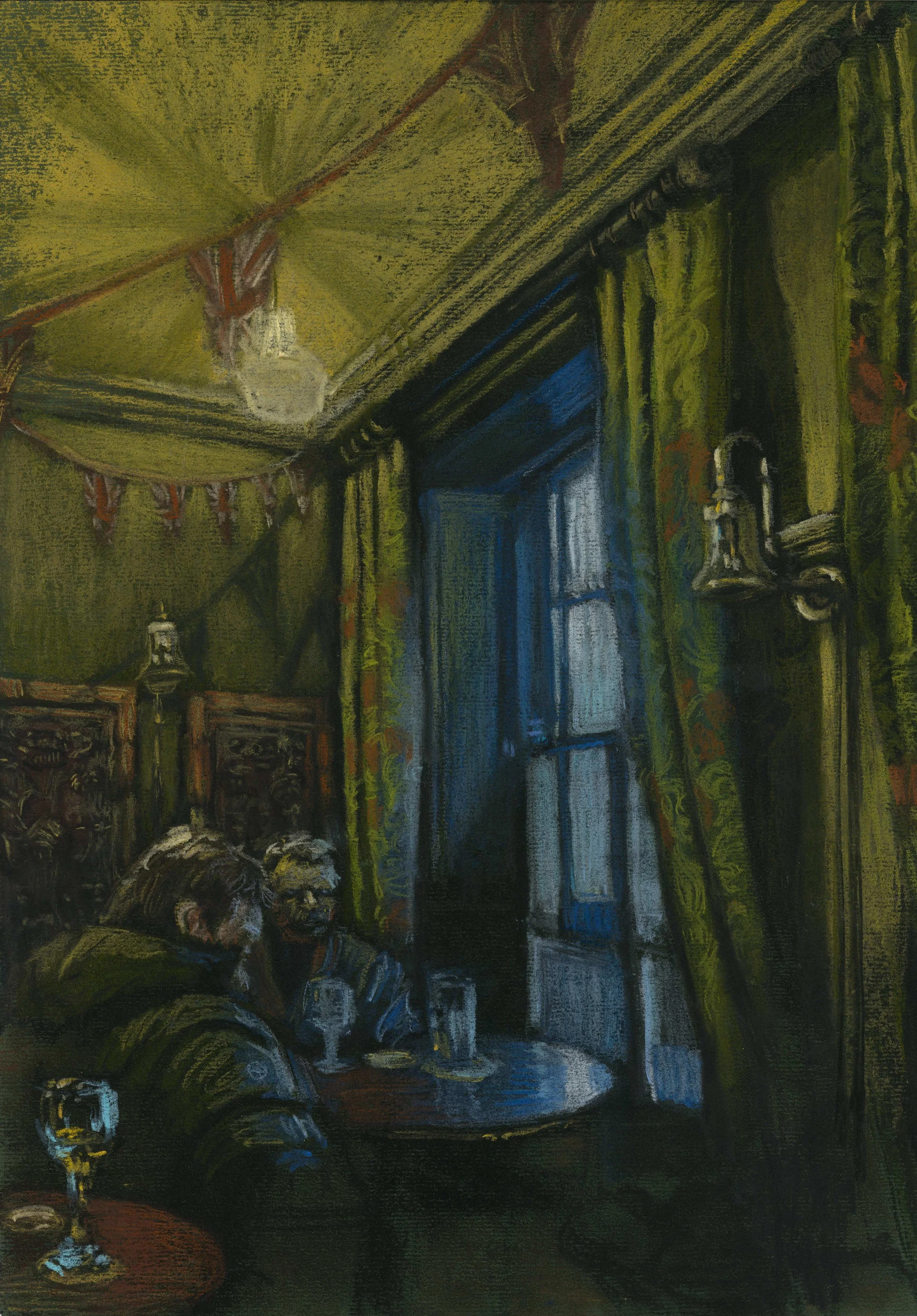 'Drinkers in the Guy Fawkes'. 2024. Pastel on paper. 
