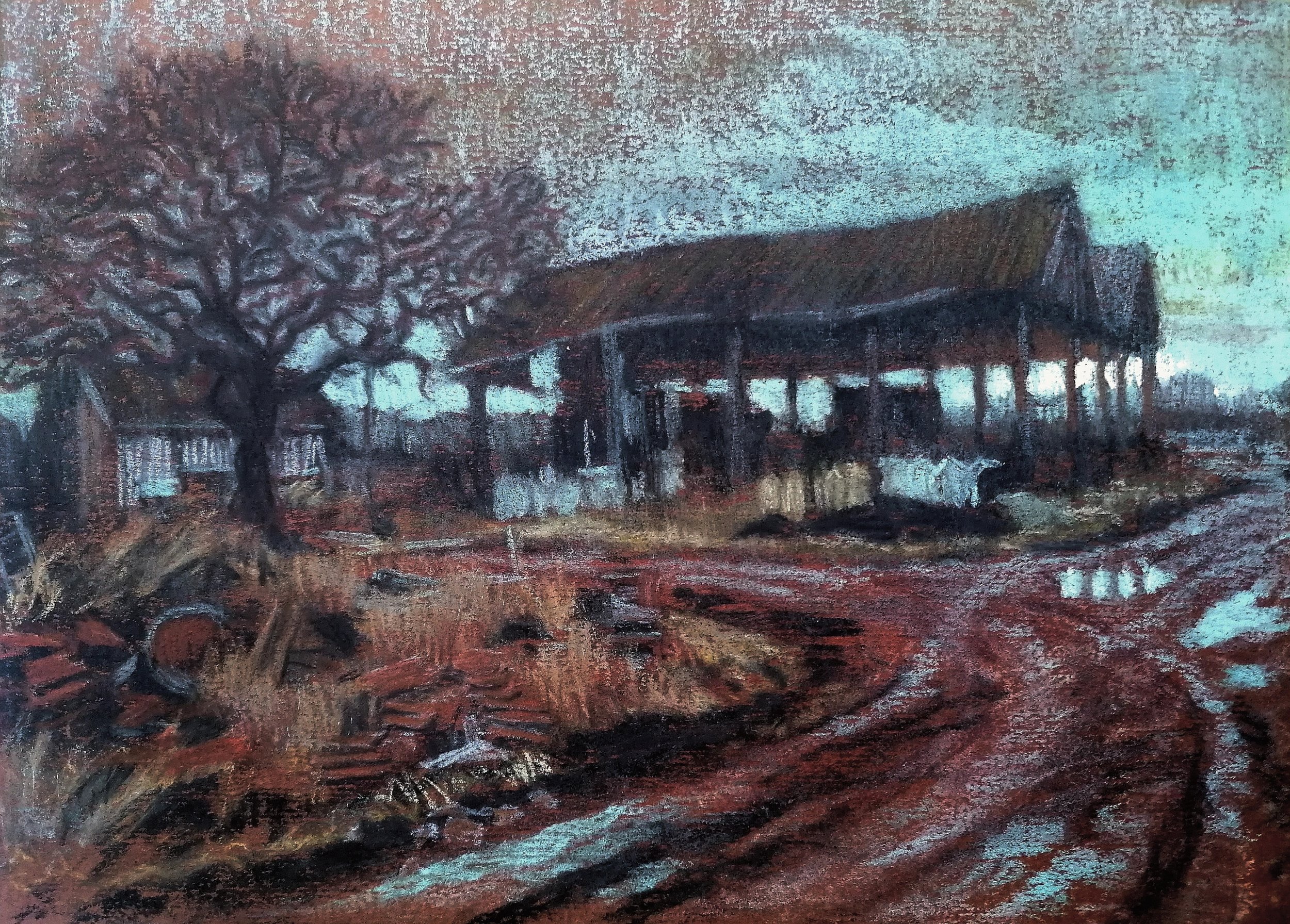 'Farmyard on the track to Elvington'. 2025. Pastel on paper. 