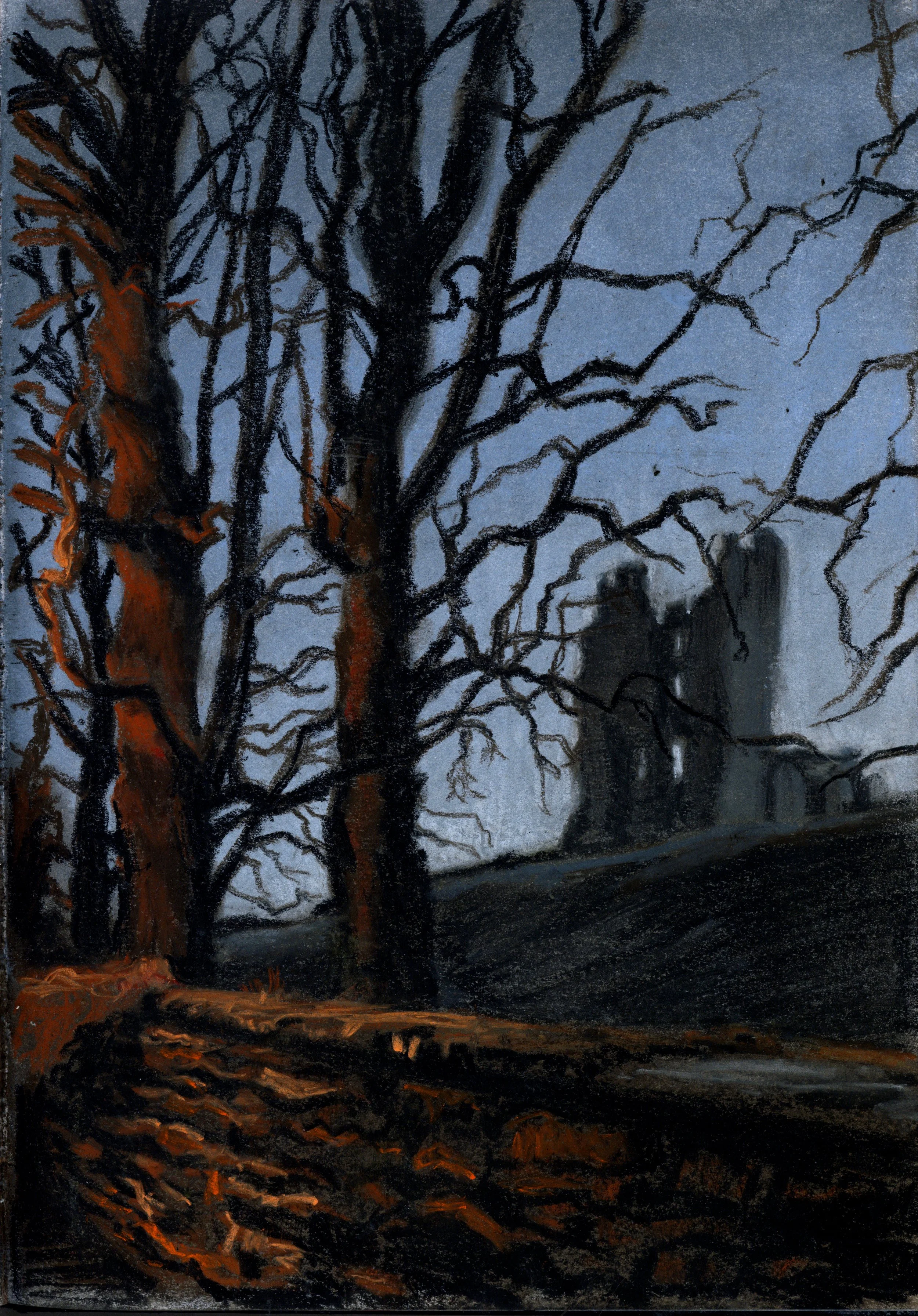 'Helmsley Castle at dusk'. 2024. Pastel on paper. 