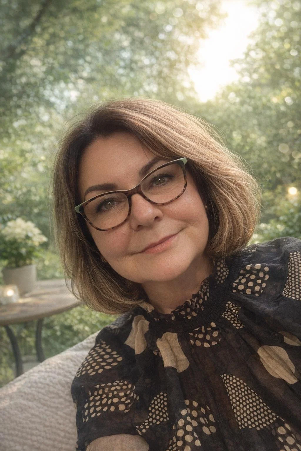 A woman with brown hair and glasses smiling outdoors, with trees and sunlight in the background.