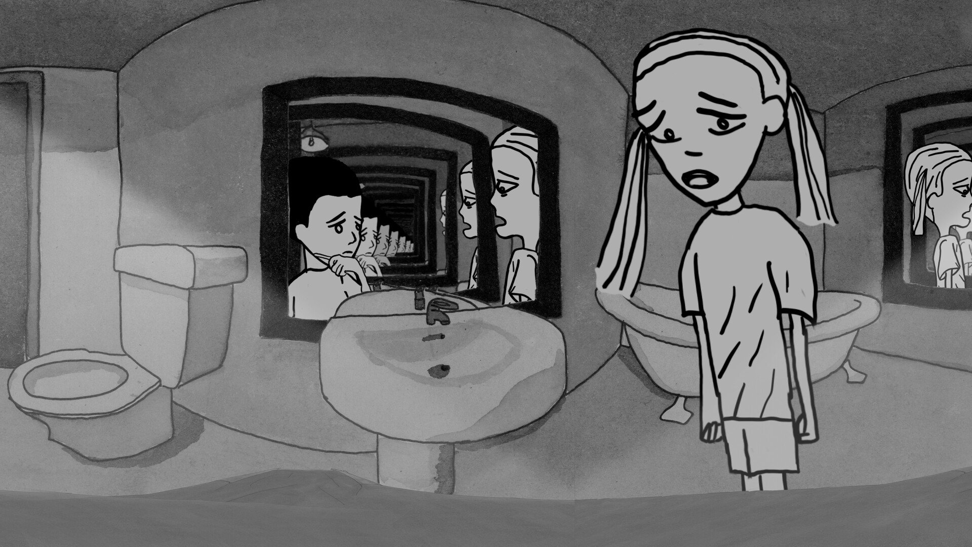 A sketched couple, she sees their conversation in the mirror, the scene is dark, minimal, as if a dream.