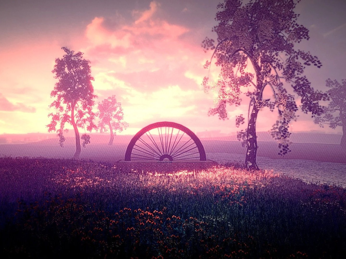 The Pit head wheel in a beautiful garden of rememberence, digitally created, with crisp light, hazy sunset, in a meadow of flowers.