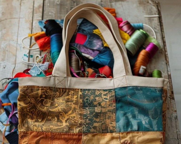 Quilted Reusable Tote Bag with Thrifted Fabric