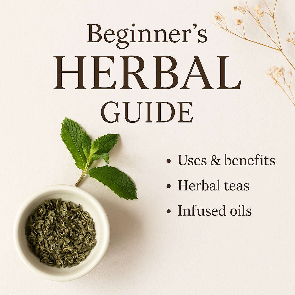 cover for Beginner's Herbal Guide with use and benefits herbal teas and infused oils.