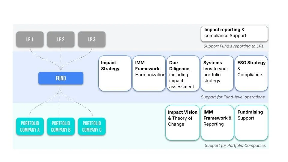 Diagram showing the structure of impact reporting and support functions for fund and portfolio companies. The top section shows LP1, LP2, LP3 linked to the fund. The fund connects to impact strategy, IMM framework, due diligence, systems lens, and ESG strategy. The fund supports three portfolio companies (A, B, C) with impact vision, IMM framework, and fundraising support.