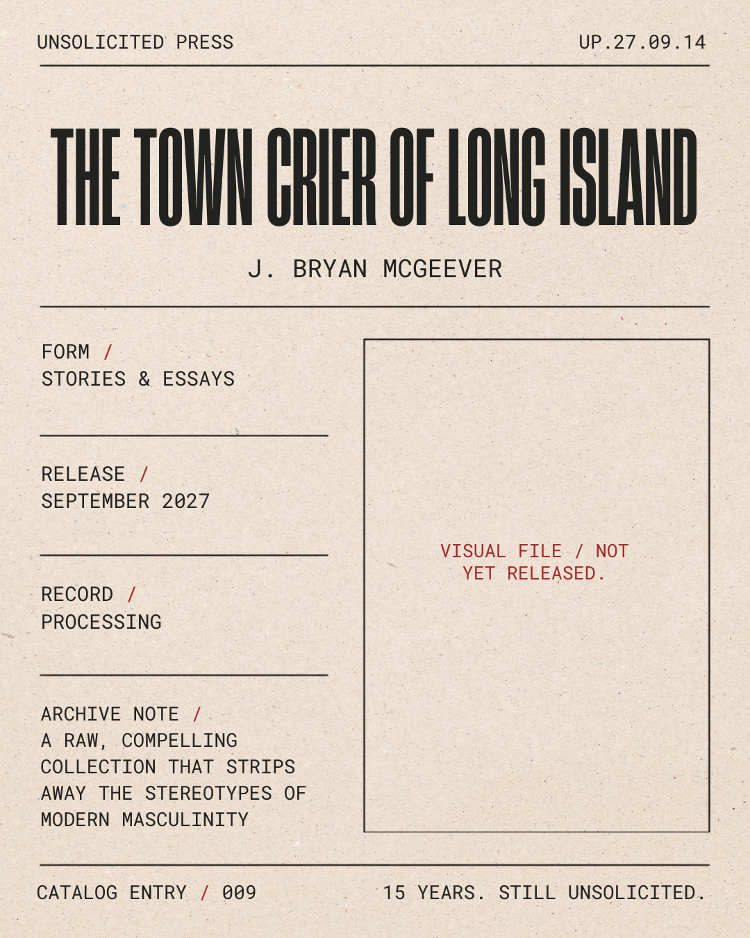 A cover page of a publication titled "The Town Crier of Long Island" by J. Bryan McGeever, dated September 2027. The page includes sections for form, stories and essays, release date, record processing, and an archive note, with a placeholder for a v