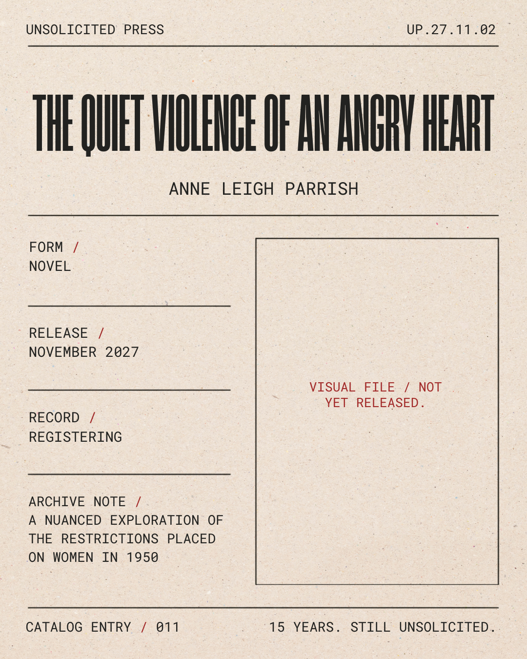 A document with the title "The Quiet Violence of an Angry Heart" by Anne Leigh Parrish, published by Unsane Press. It shows details about the book such as it being a novel, scheduled for release in November 2027, and a note about the book's content e
