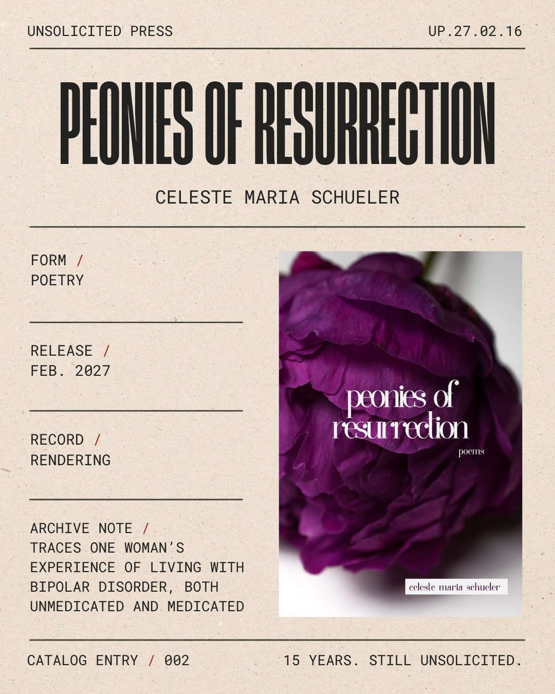 Book cover titled "Peonies of Resurrection" by Celeste Maria Schueler, featuring a close-up of a purple peony flower on a beige background with text indicating it is a poetry book, unpublished, released in February 2027.
