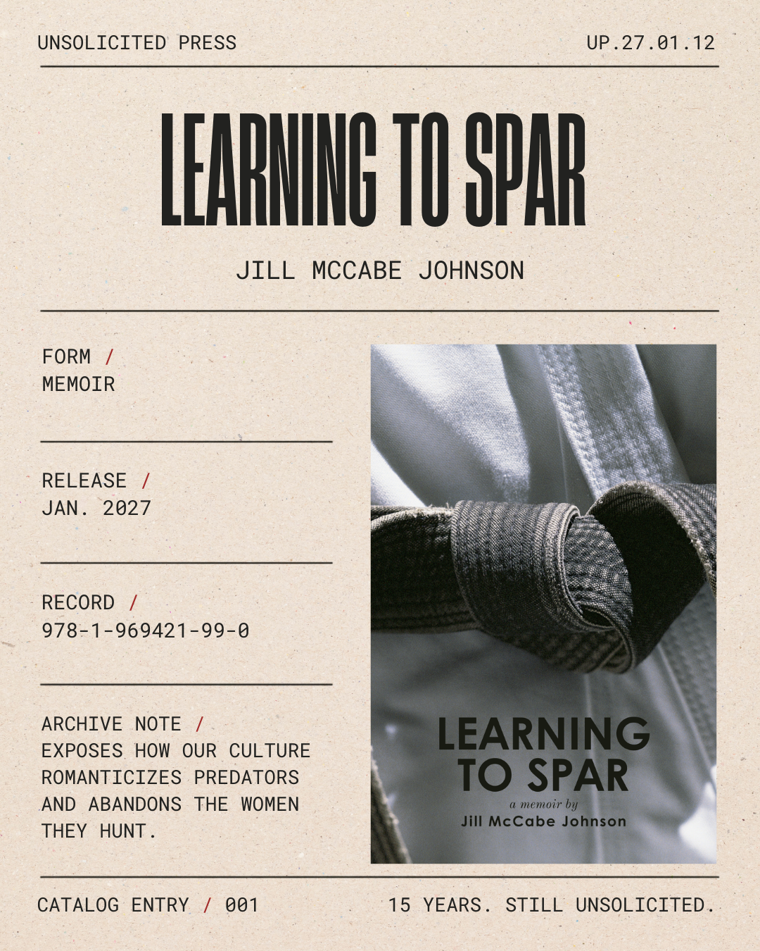 Book cover for 'Learning to Spark' by Jill McCabe Johnson, featuring a close-up of a black belt on a gray jacket, with various textual details about the publication.