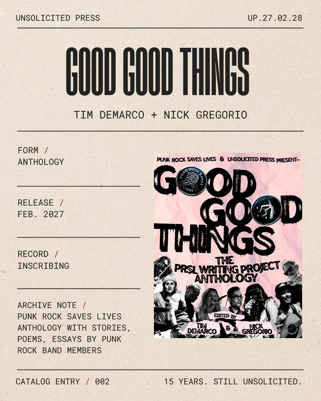 Cover page of a book titled 'Good Good Things' by Tim DeMarco and Nick Gregorio, featuring a pink background with black and white images of punk rock band members and logos.