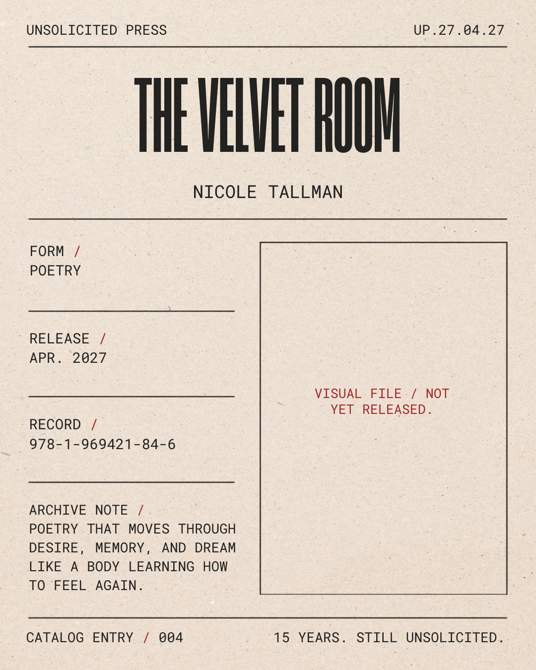 Cover page of a book titled 'The Velvet Room' by Nicole Tallman, with sections for poem form, release date, record number, archive note, catalog entry, and a note indicating it's a visual file not yet released.