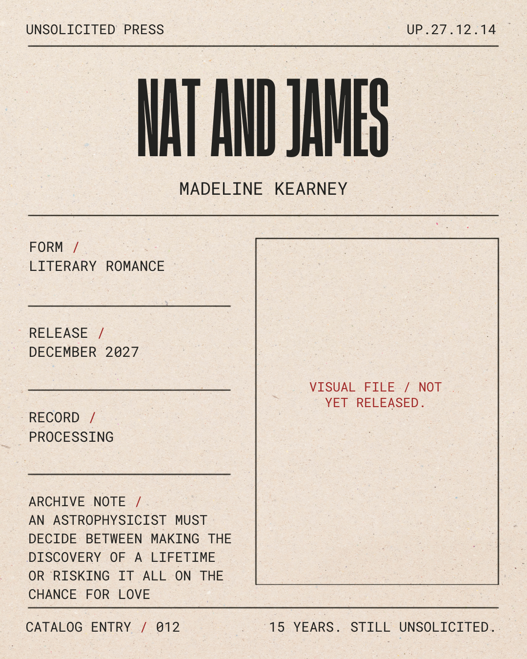 Design mockup of a book cover for 'Nat and James' by Madeline Kearney, with details about the genre, release date, and a note indicating a visual file not yet released.