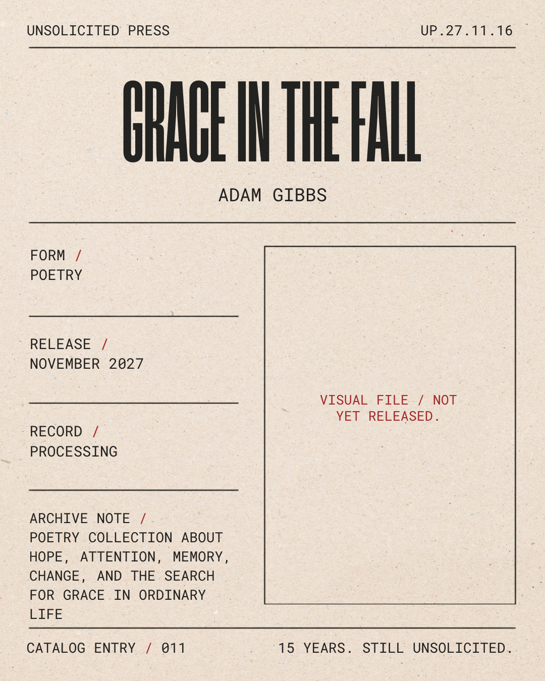 A poetry book cover titled 'Grace in the Fall' by Adam Gibbs. It is labeled as an unsolicited press, release date November 2027, and includes details about the form, record processing, archive note, and catalog entry. The cover also contains a placeh