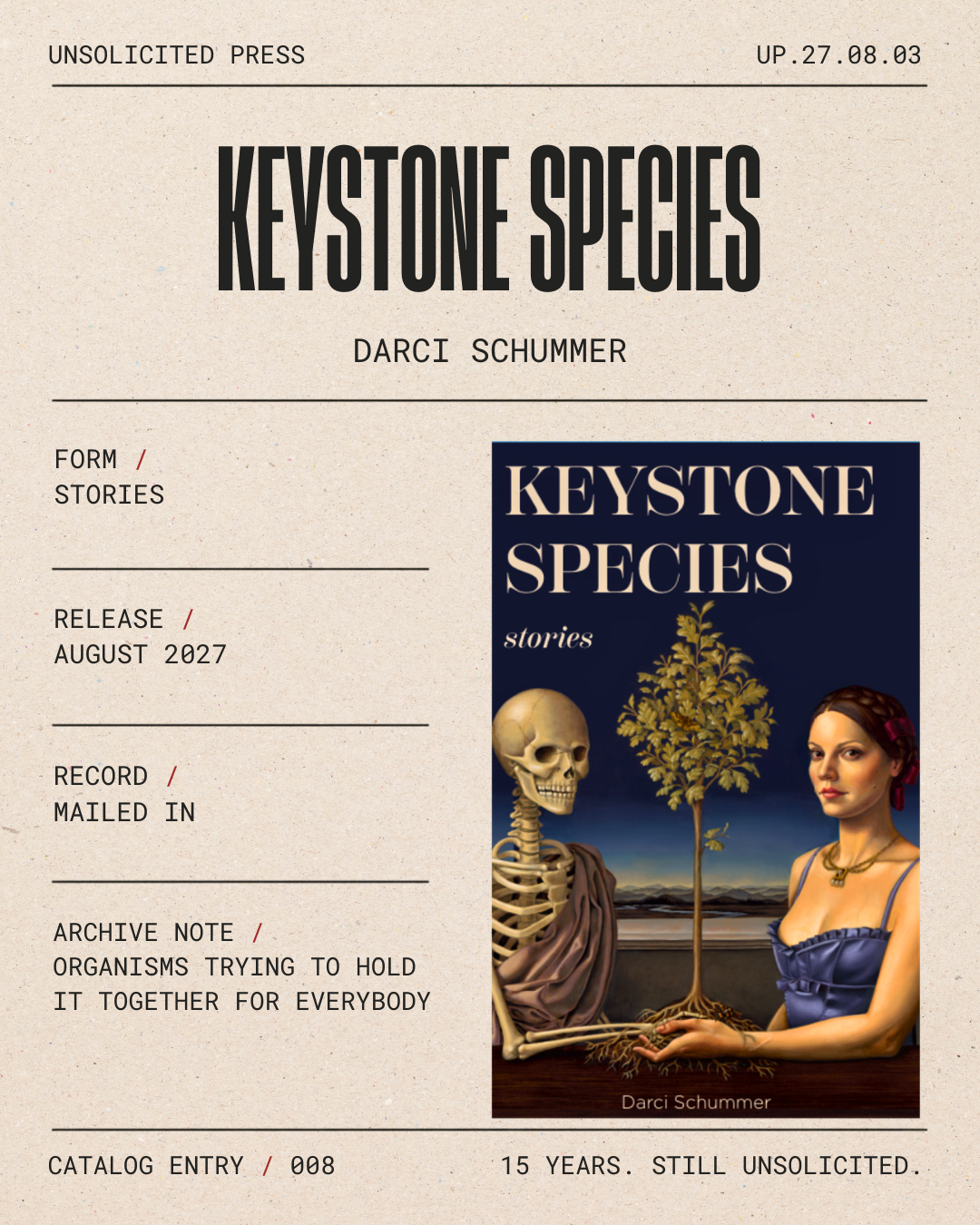 Book cover titled "Keystone Species" by Darci Schummer featuring a skeleton holding a tree in its hand and a woman in a blue dress with a red flower in her hair, against a landscape background.