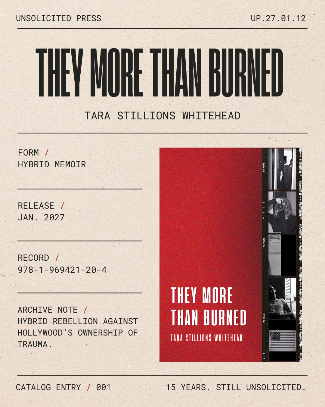 Book cover for "They More Than Burned" by Tara Stillions Whitehead, featuring a red background with black and white filmstrip images on the right side.