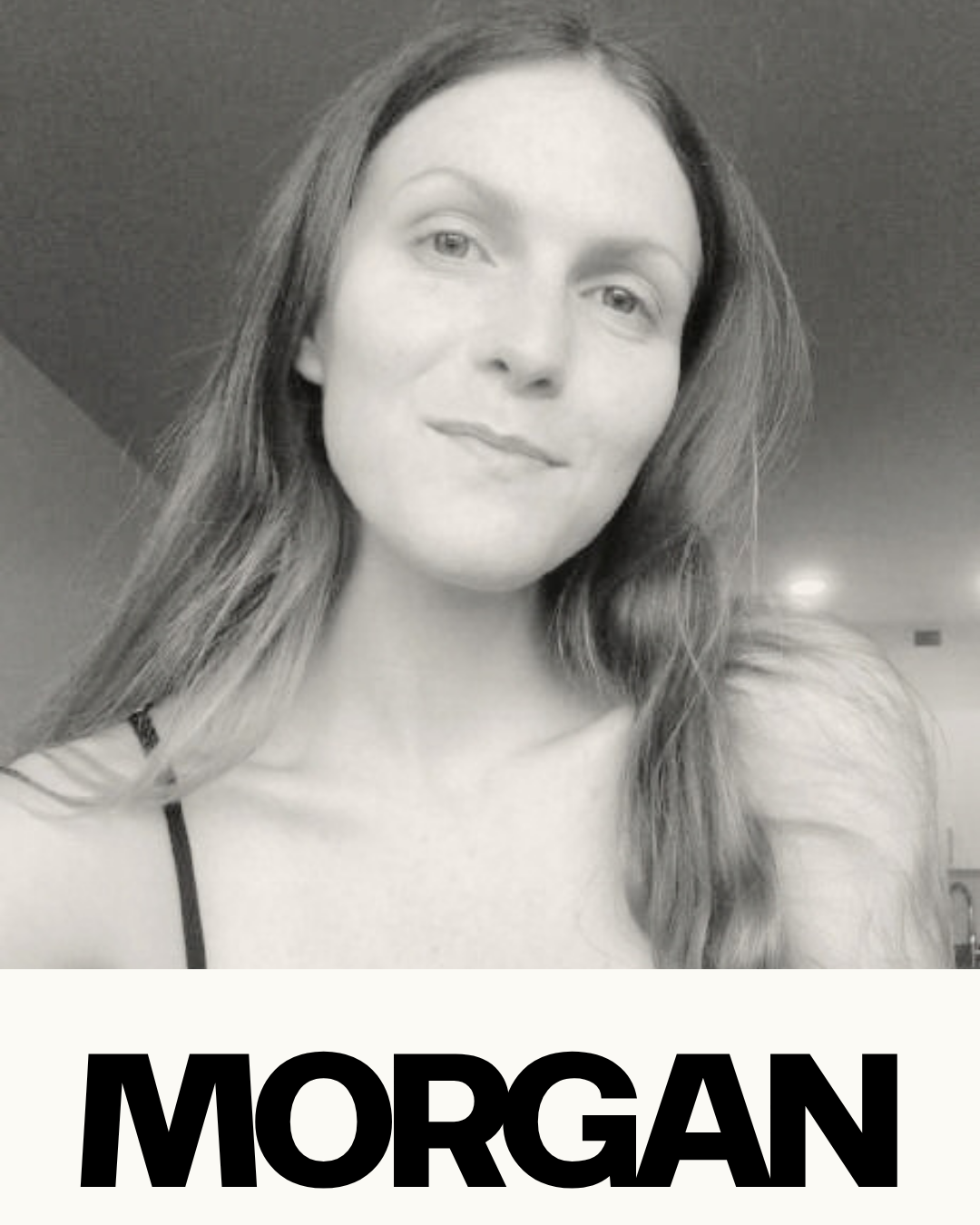 A black and white portrait of a woman with long wavy hair, smiling gently, with the name 'Morgan' in bold letters at the bottom.