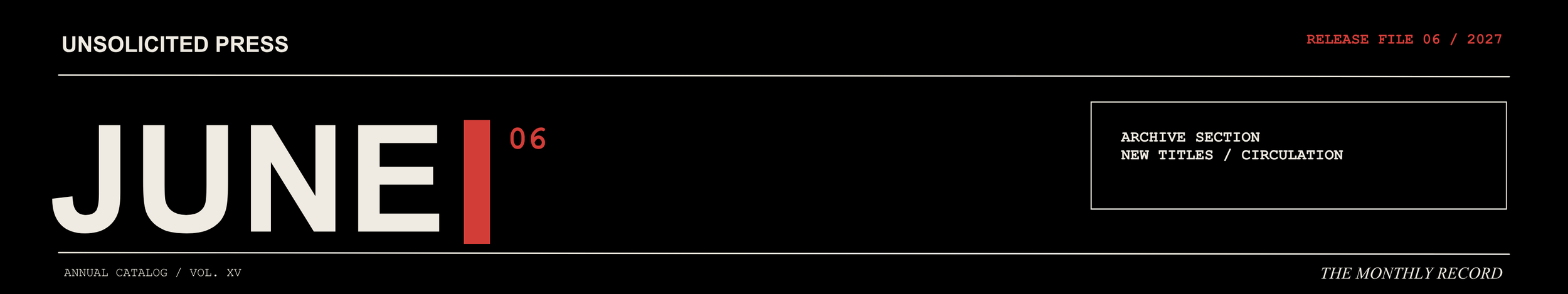 Cover page of a publication titled "June 06" with a black background, large white and red text, and smaller white text indicating various sections and details.