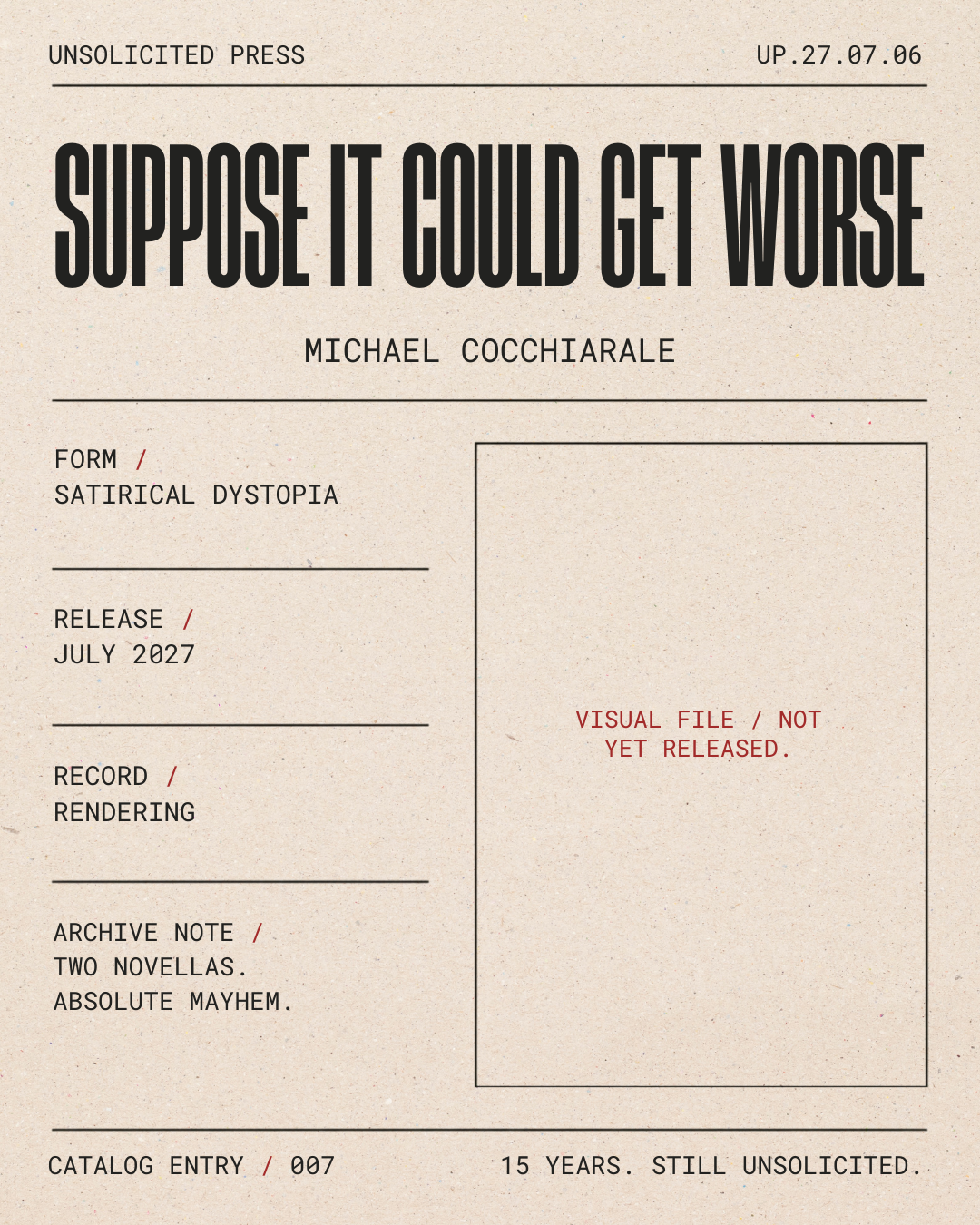 A cover page with the title 'Suppose it could get worse' by Michael Cocchiarele, styled like a classified document or press brief, containing sections labeled Form, Release, Record, Archive Note, Catalog Entry, with dates and notes, and a large blank