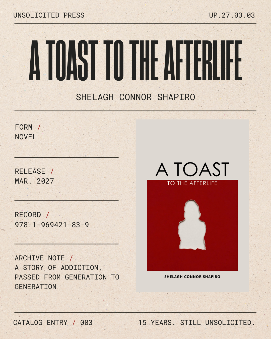 Cover of a book titled "A Toast to the Afterlife" by Shelagh Connor Shapiro, featuring a silhouette of a person against a red background with white text.