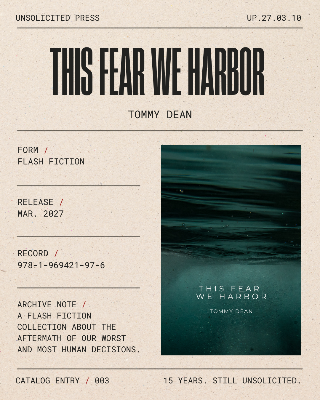 Cover of a book or magazine titled "This Fear We Harbor" by Tommy Dean, featuring an image of dark ocean water with small waves and bubbles.