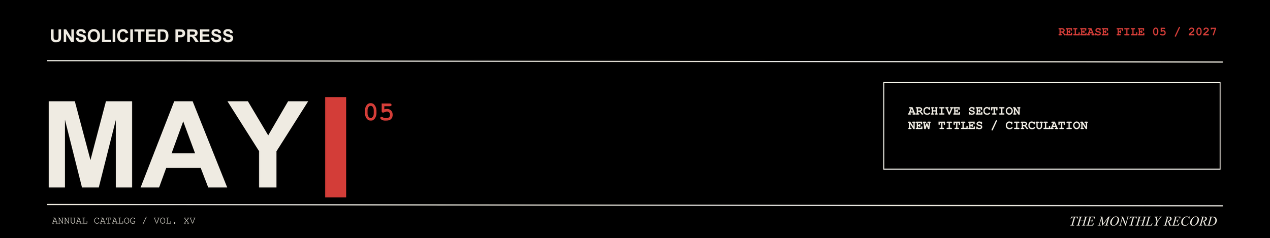 Cover page of a magazine titled "May 05" with a black background, large white and red text, and a section labeled "Archive Section: New Titles / Circulation".