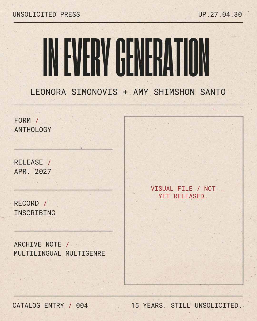 A beige-colored, typewriter-style document with black text and red accents, titled 'In Every Generation,' featuring fields for form, release date, record, archive note, catalog entry, and a placeholder indicating the visual file is not yet released.