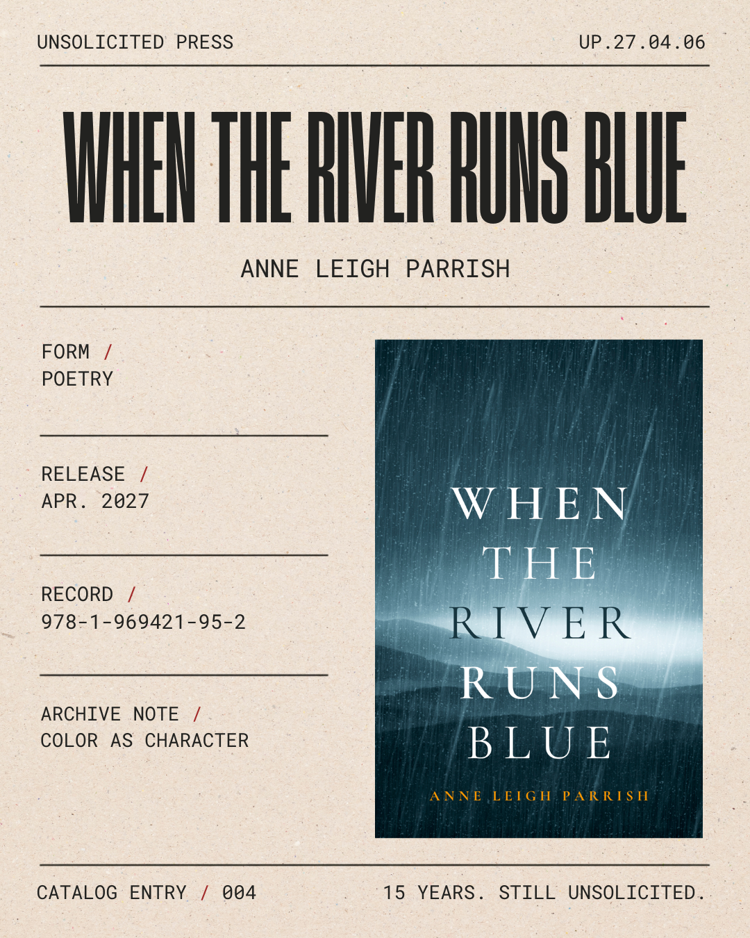 Book cover for 'When the River Runs Blue' by Anne Leigh Parrish, with a rainstorm background image and title in white text.