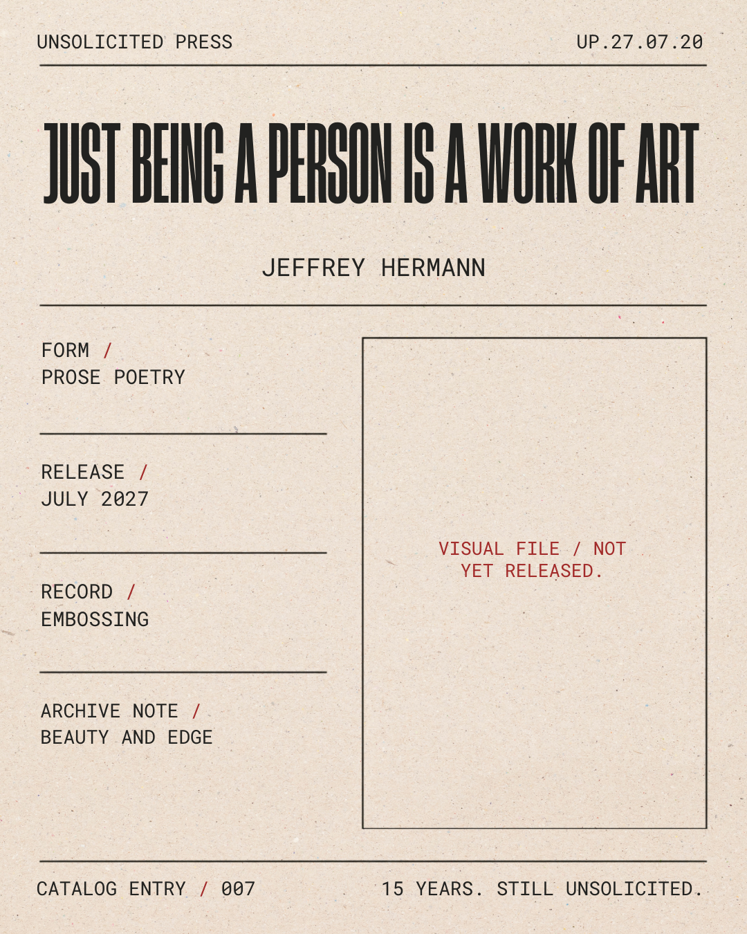 A beige, vintage-style record label with black and red text, featuring the quote 'Just being a person is a work of art' by Jeffrey Hermann, details about the record, and a message indicating the visual file is not yet released.
