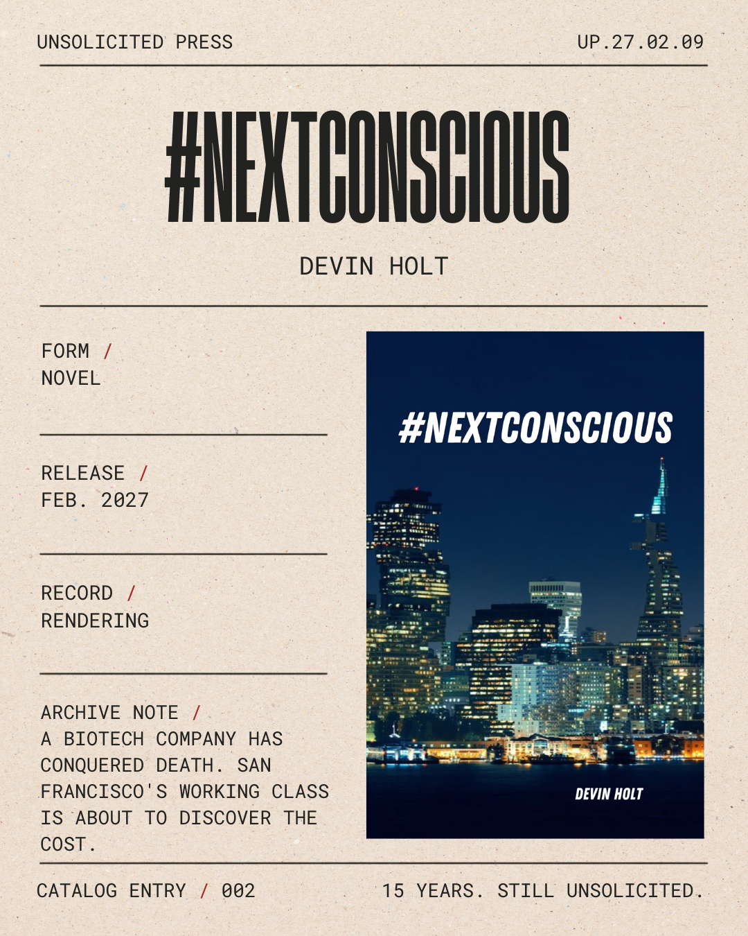 Image of a book cover titled '#NextConscious' by Devin Holt, featuring a night cityscape with illuminated buildings and the hashtag '#NextConscious' displayed prominently.